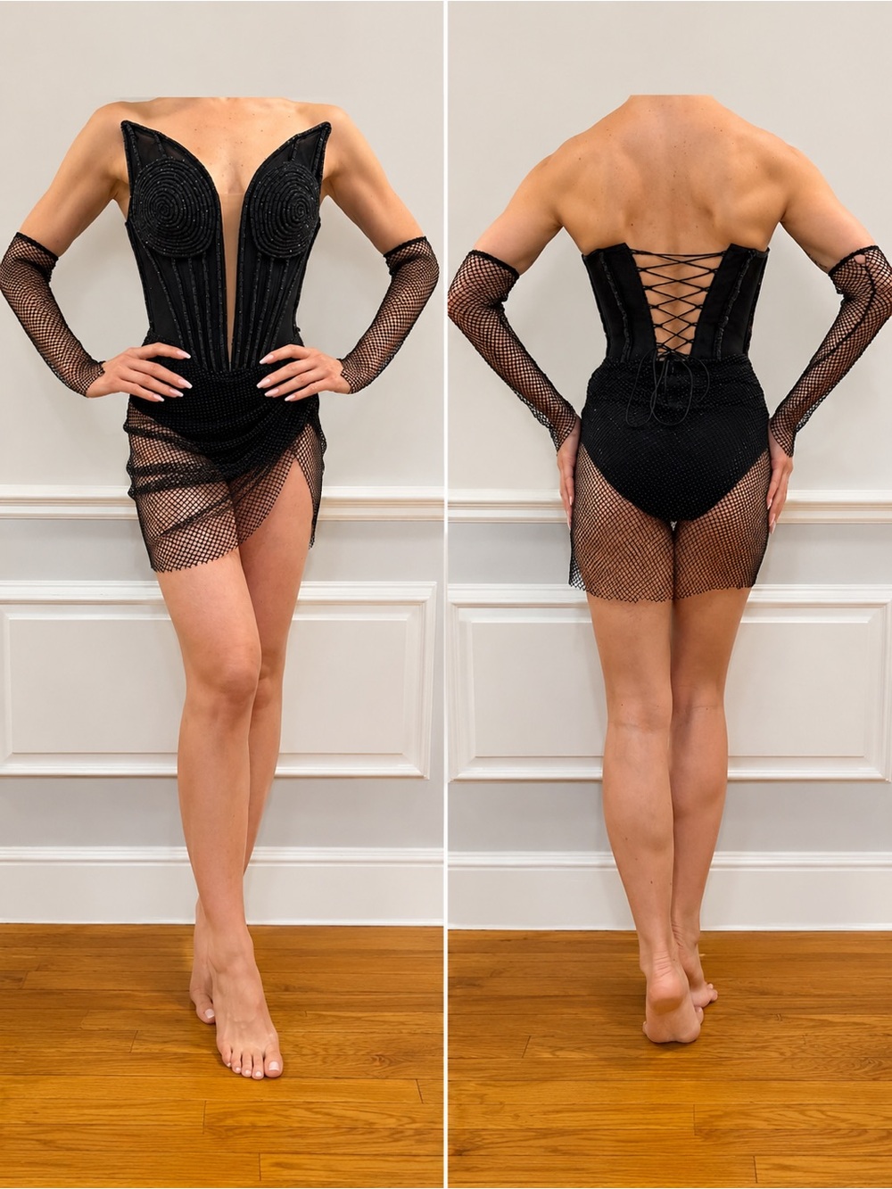 Black Lace-Up Mesh Corset Dress with Detachable Gloves